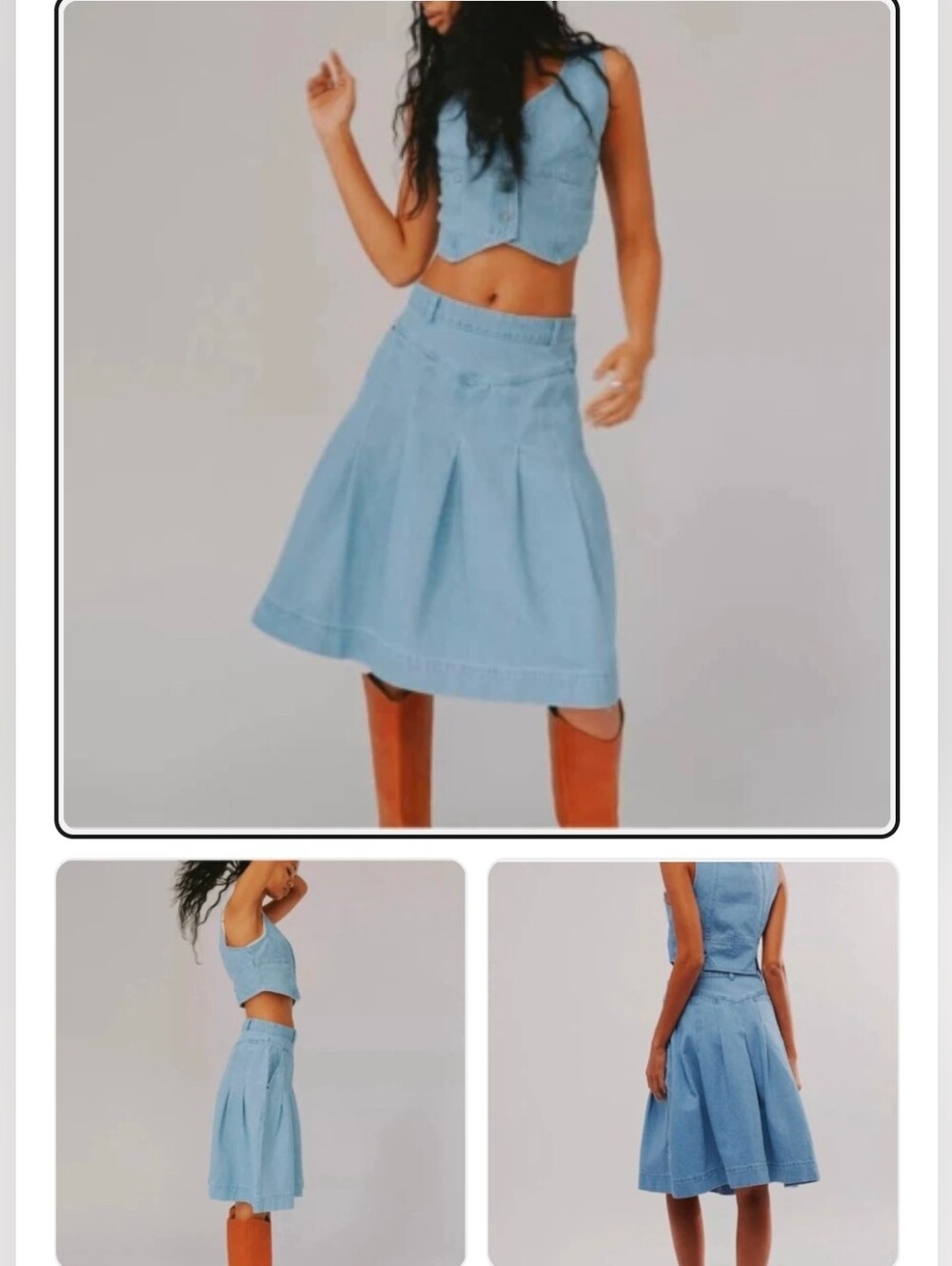 Free People Scout Denim Midi Skirt Light Wash Pleated A-Line Size 4